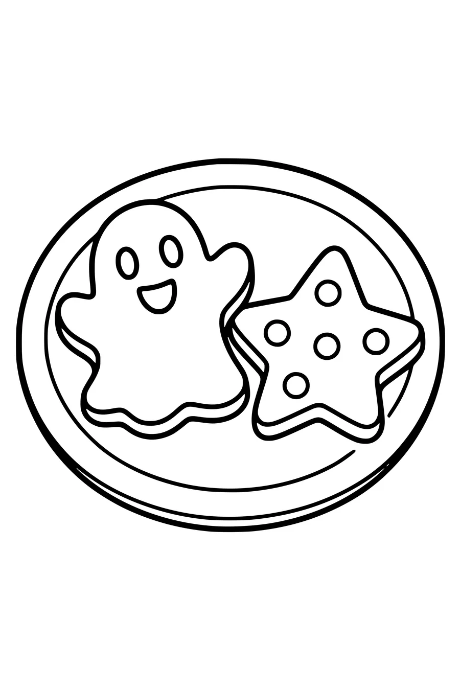 Een koekje in spookvorm ligt naast een klein koekje in de vorm van een ster.