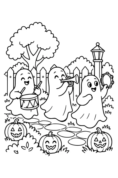 Three friendly ghosts parade past a garden fence carrying a drum, trumpet and tambourine, pumpkin lanterns along the path.