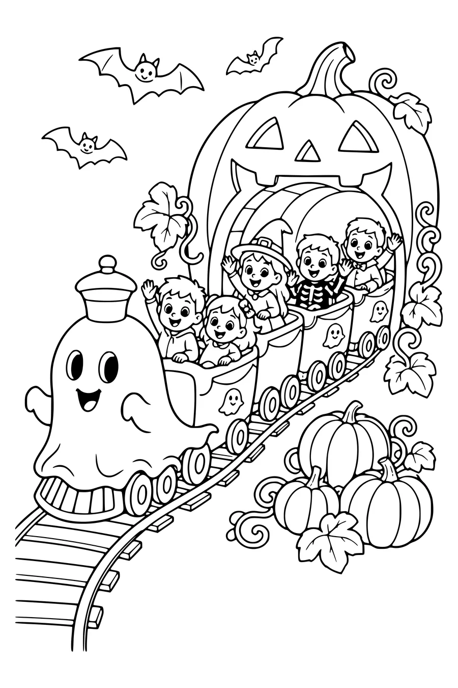 Coloriage gratuit : train fantôme sur la fête foraine d'Halloween