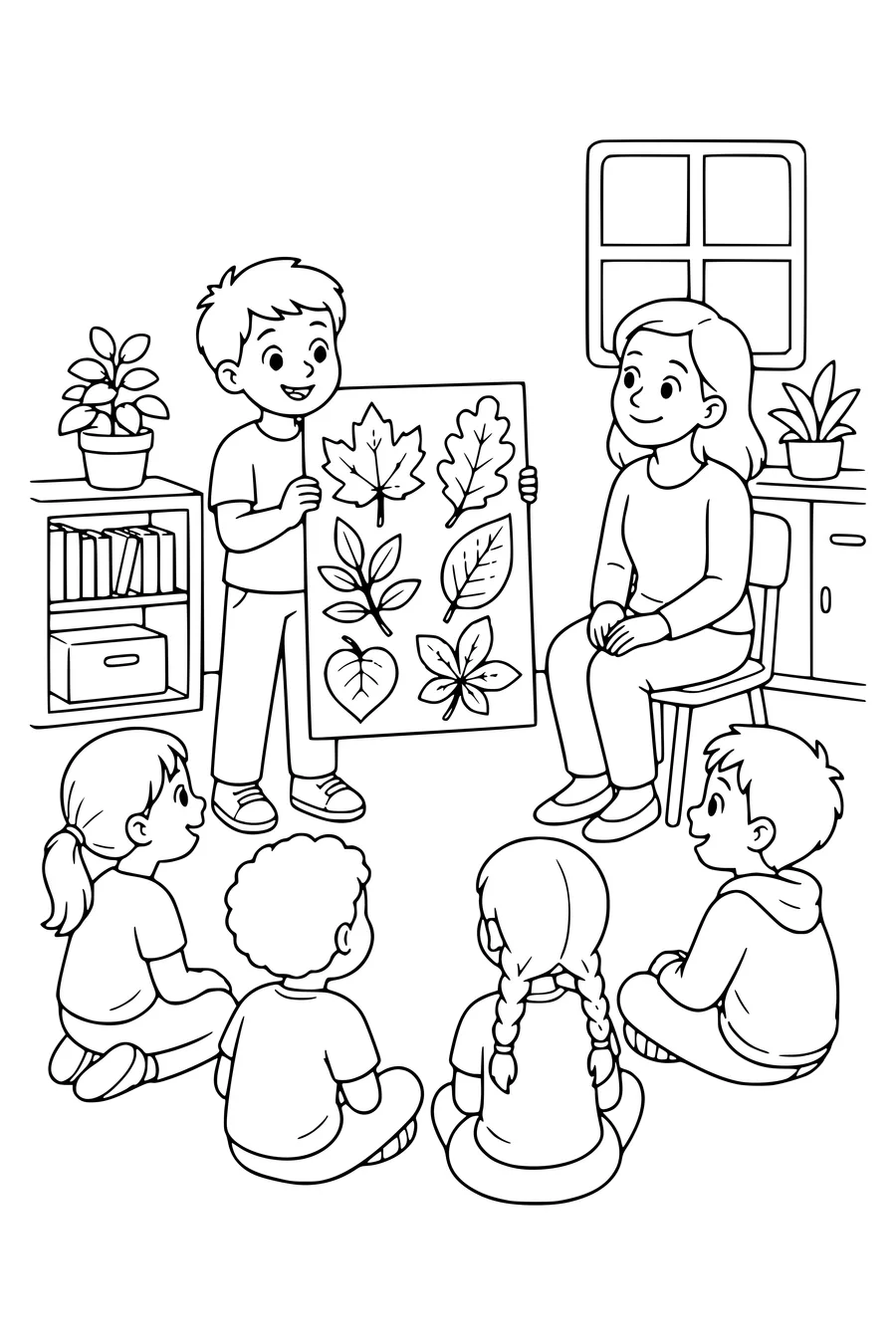 Free printable school coloring page of show and tell in the classroom in class
