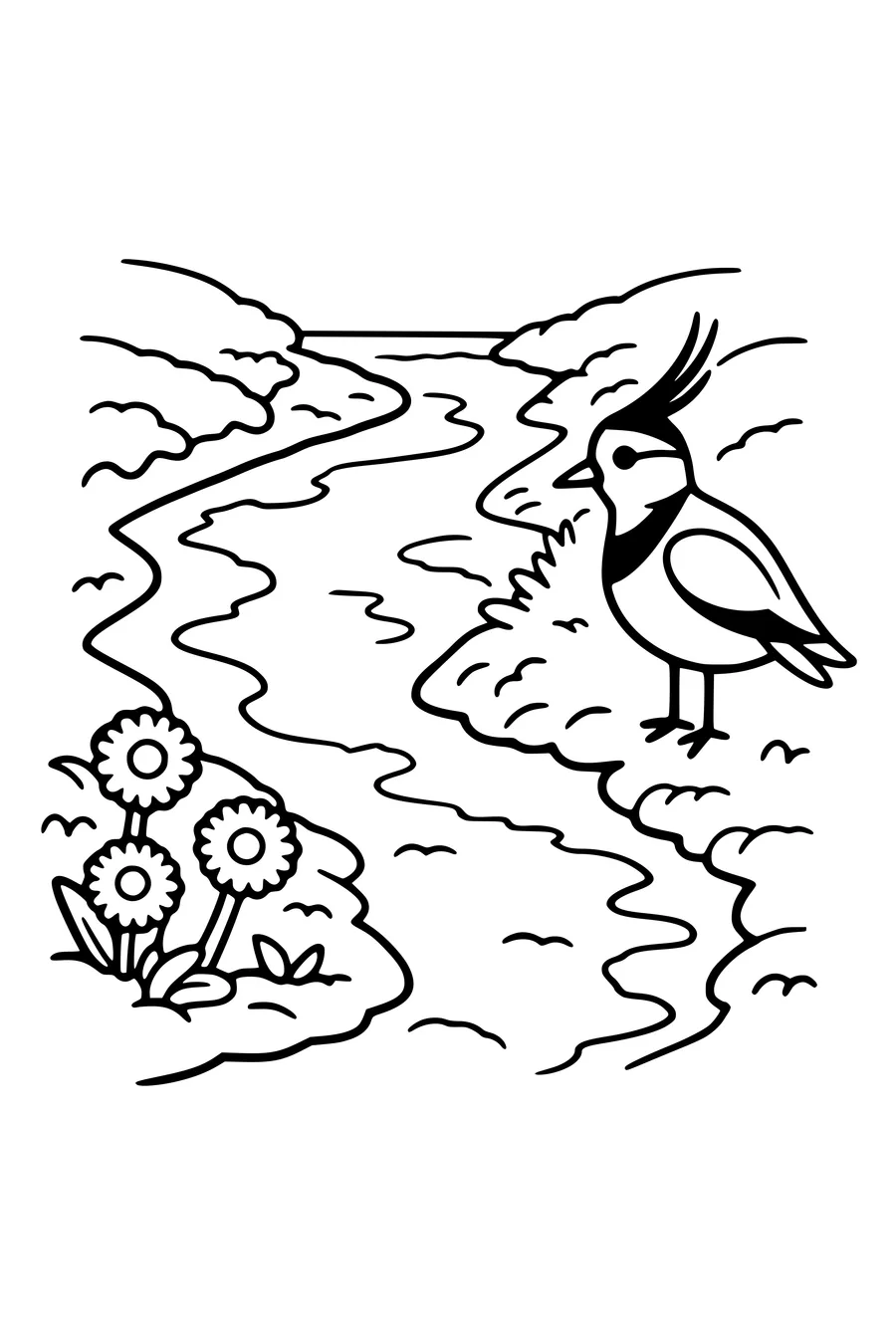 Coloring page of a spring ditch with meltwater, coltsfoot flowers and a lapwing