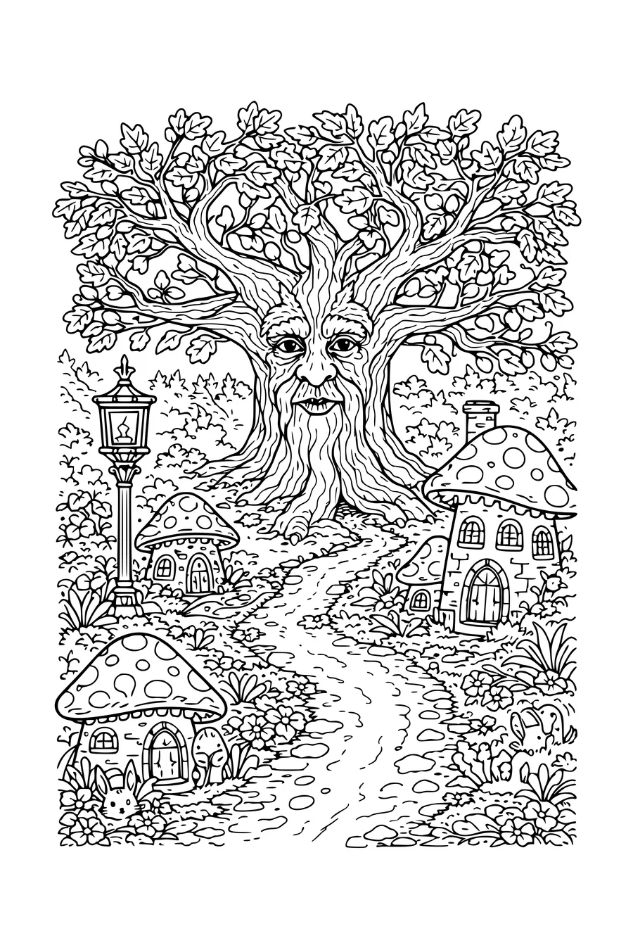 Coloring page of a fairy-tale forest with a talking tree and toadstool houses