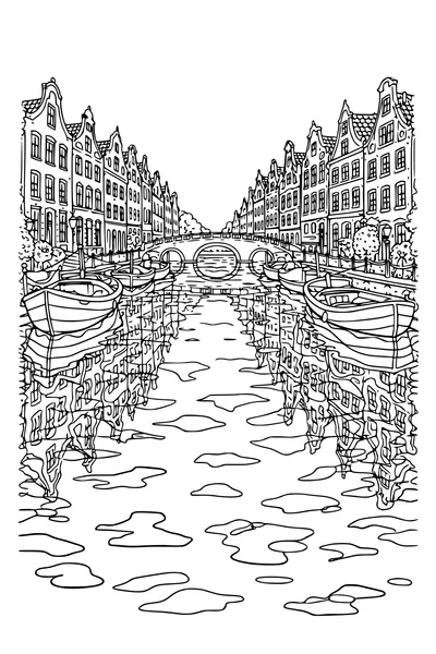 Coloring page of a canal with gabled houses and their reflections