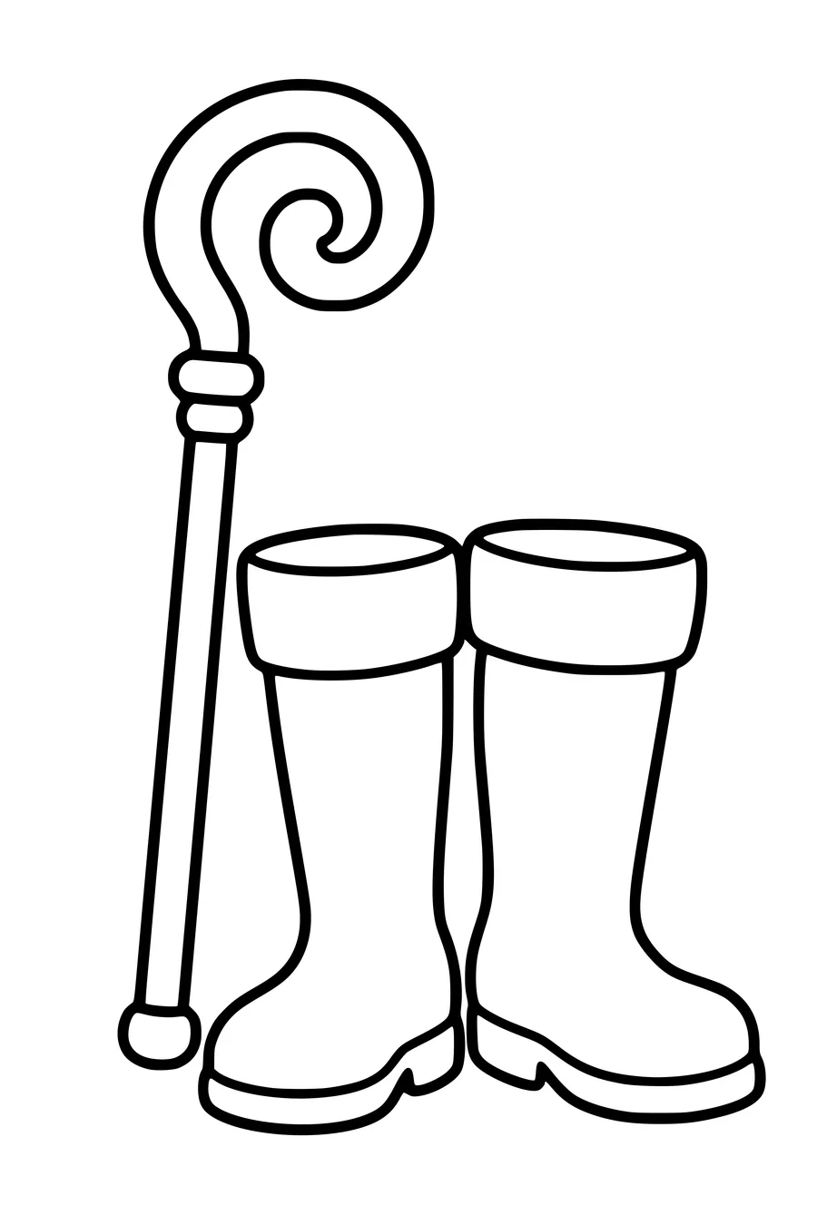 A curled Saint Nicholas crozier stands beside a pair of tall boots.