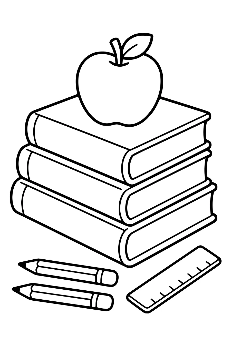 Gratis printbare school kleurplaat van stapel schoolboeken met een appel in de klas