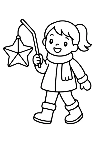 One large star-shaped Saint Martin lantern hangs from a short stick by a curved wire, battery light enclosed inside.
