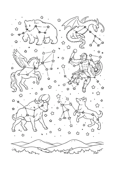 Coloring page of six constellations with their figures outlined