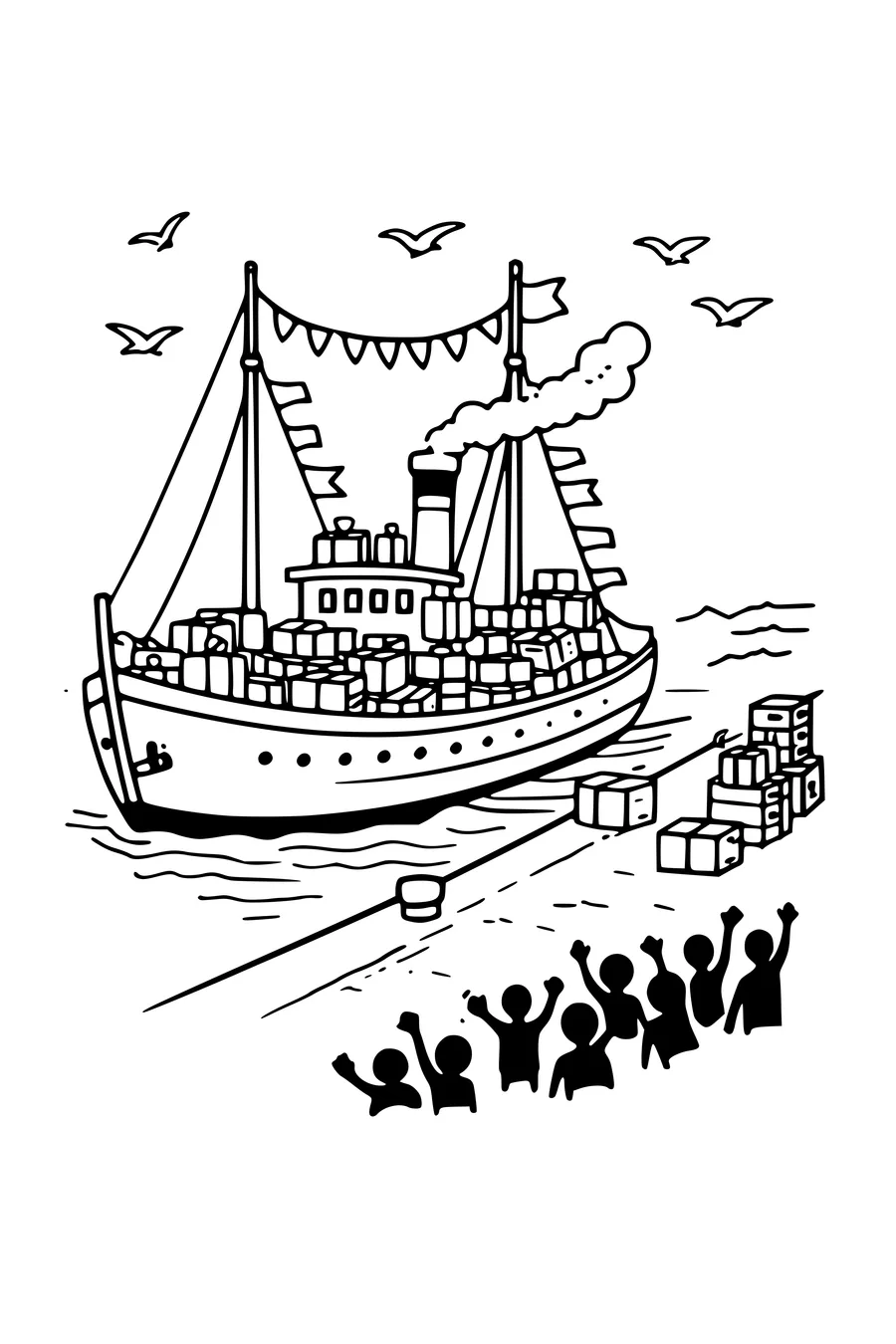 Coloring page of a steamboat full of parcels arriving at a harbour with flags and gulls