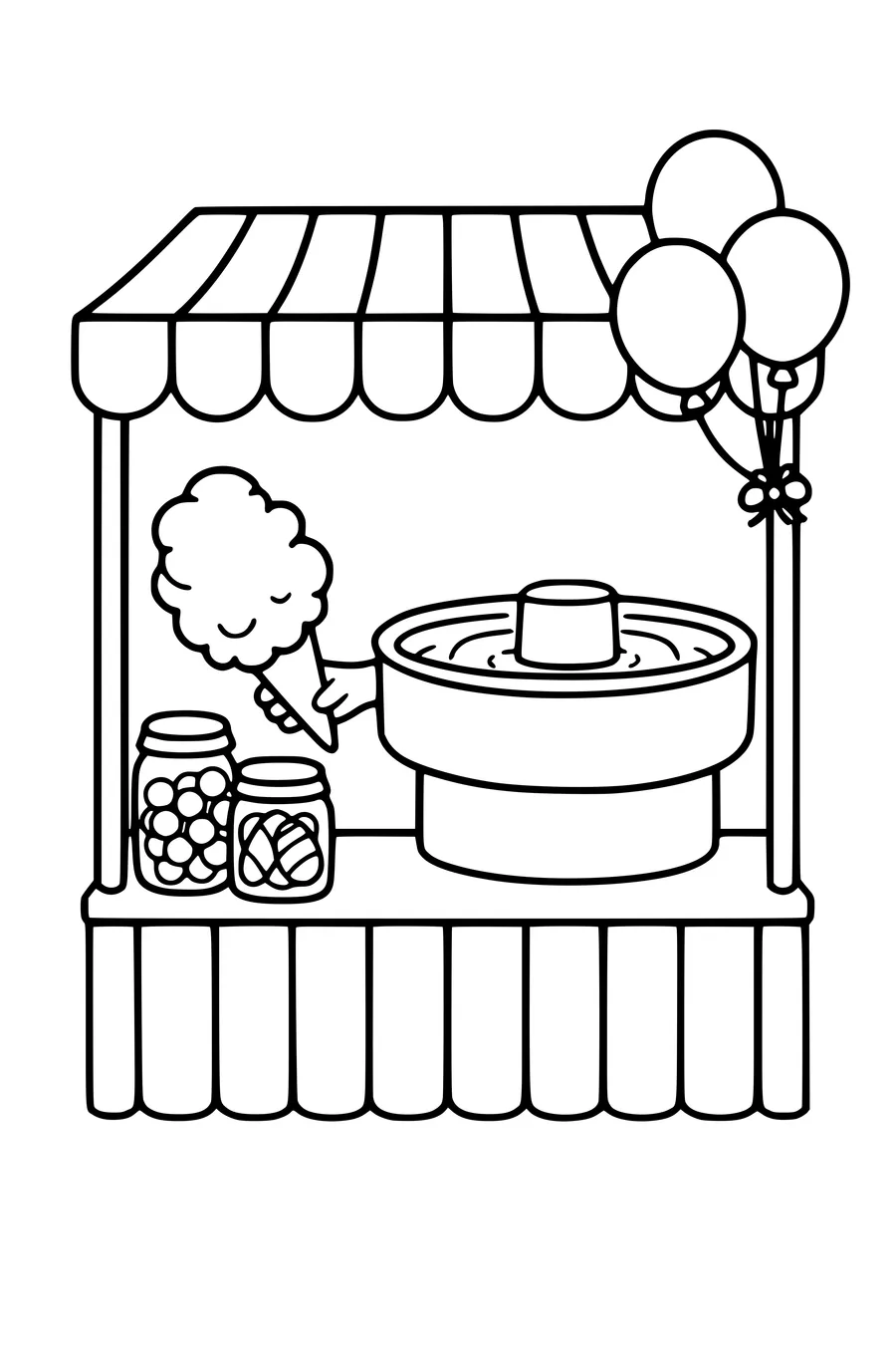 Coloring page of a candy floss stall with sweets and balloons