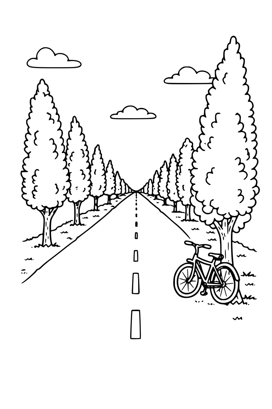 Ausmalbild: gerade Polderstraße mit Pappeln und Fahrrad an einem Baum