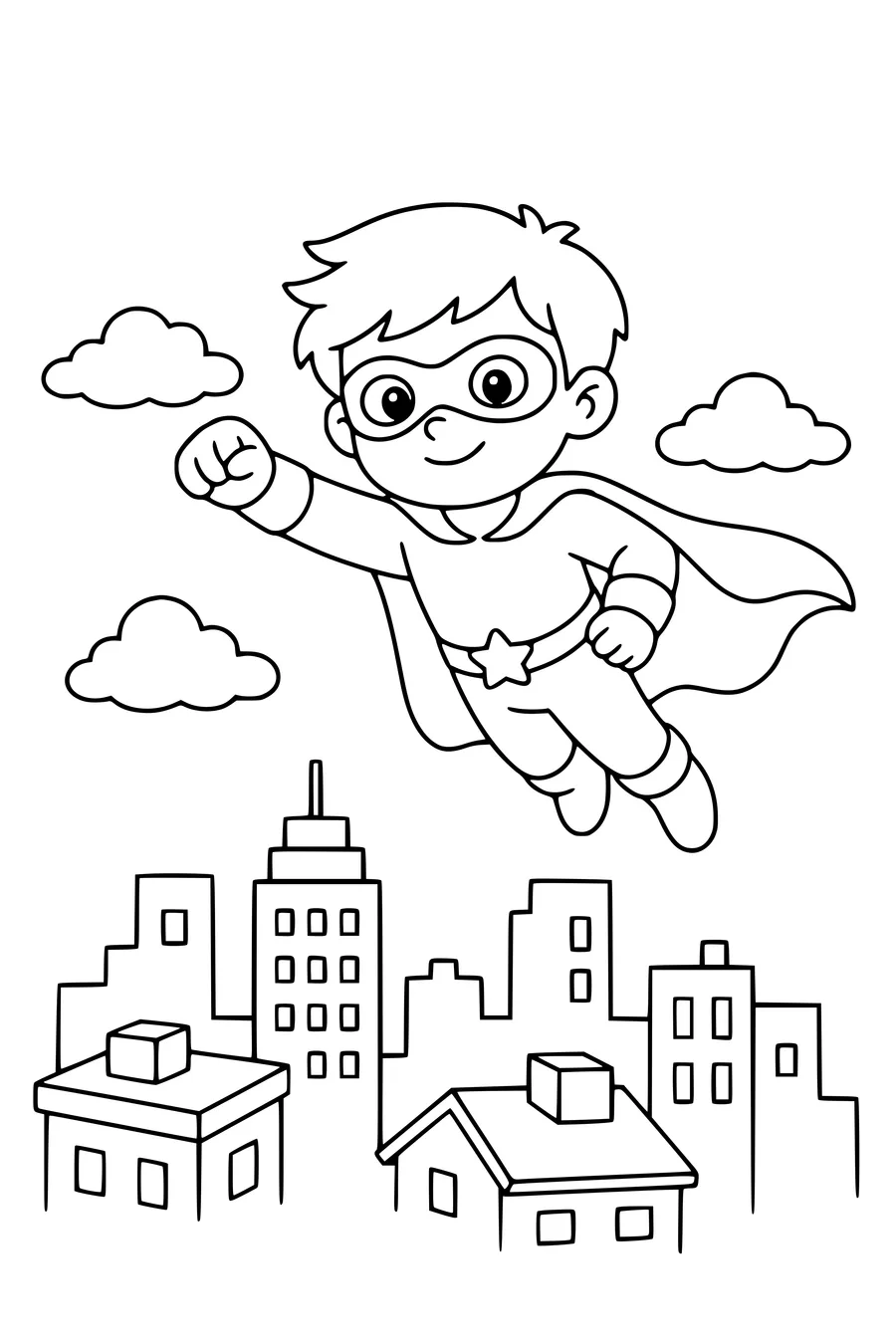 Coloring page of an original child superhero flying above a city