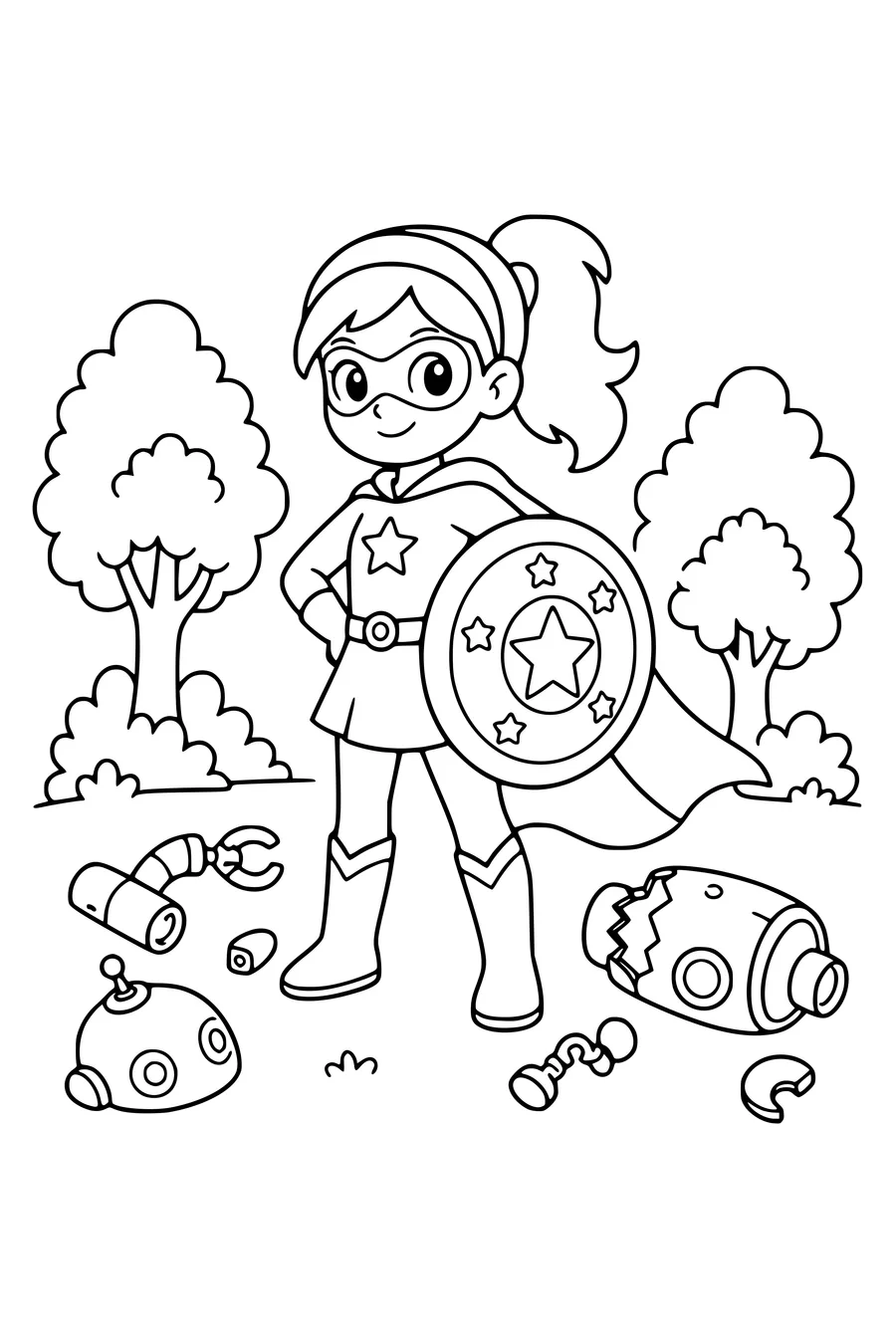 Coloring page of an original superhero girl holding a round star shield