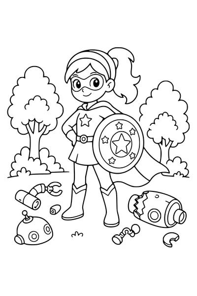 Coloring page of an original superhero girl holding a round star shield