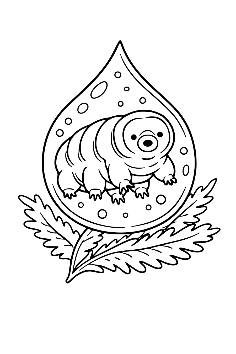 Coloring page of a tardigrade with eight legs inside a water droplet on moss