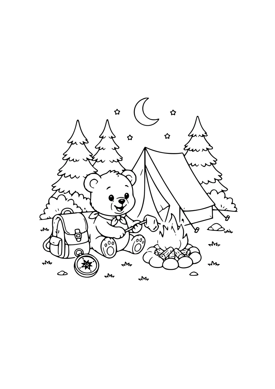 Free cuddly friends coloring page: teddy bear camping adventure