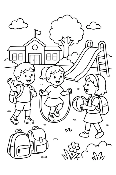 Ausmalbild: Freund*innen spielen auf dem Schulhof
