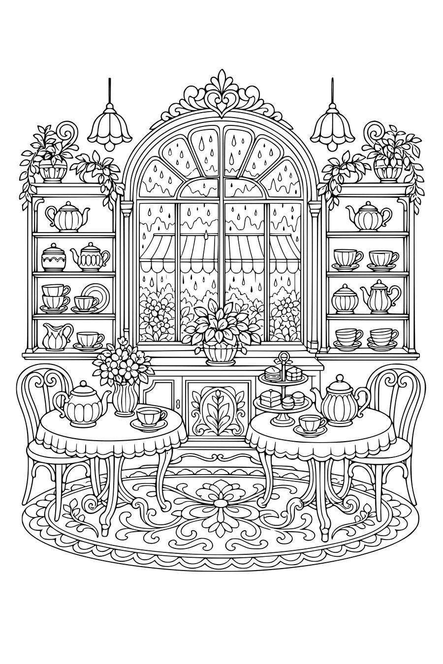 Detailed adult coloring page of a small tea room on a rainy day