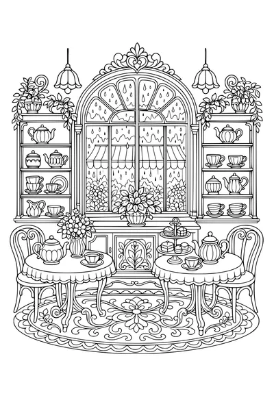 Detailed adult coloring page of a small tea room on a rainy day