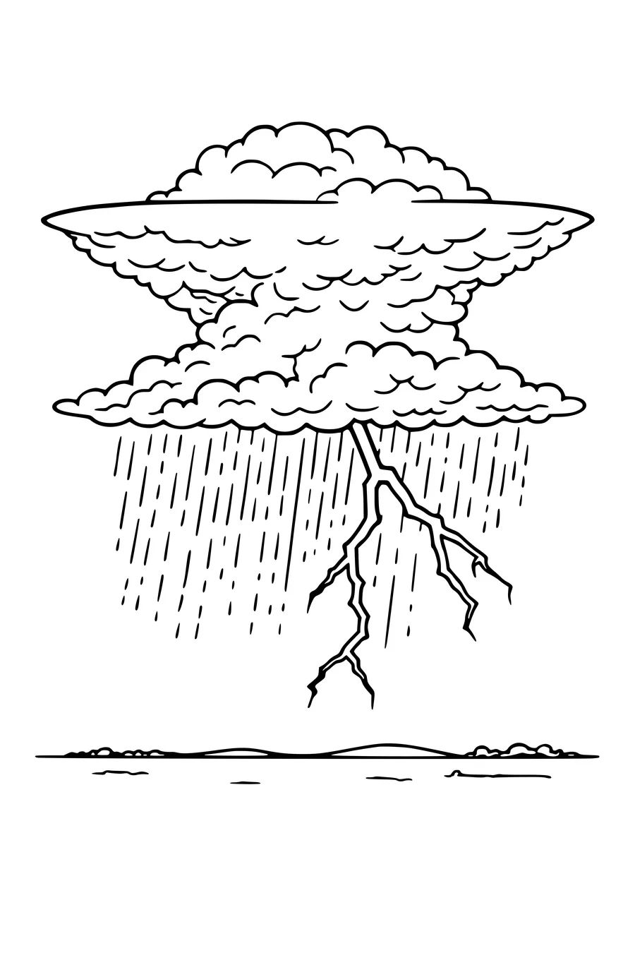 Coloring page of a tall anvil-shaped thundercloud with rain and lightning over a field