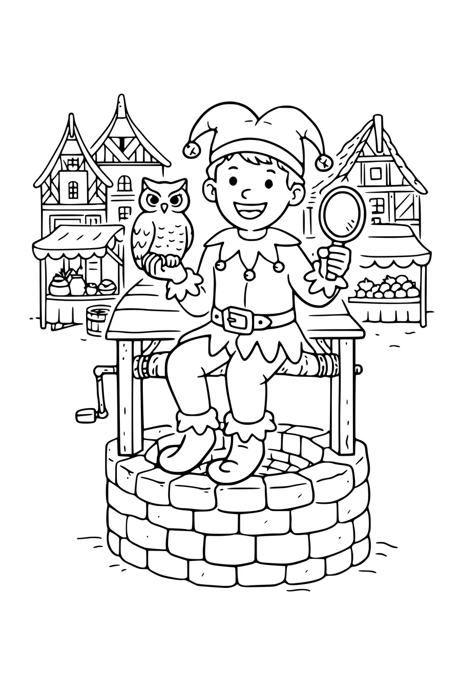 Coloring page of Till Owlglass with an owl and a mirror on a market square