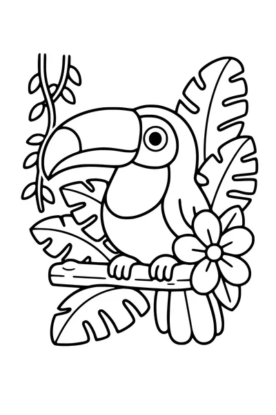 Coloring page of a toucan with a large beak on a branch