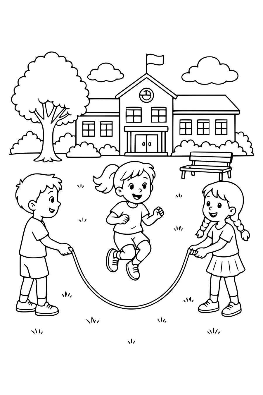 Coloriage imprimable de sauter à la corde dans la cour