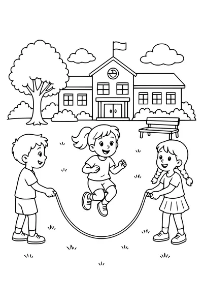 Gratis-Ausmalbild: Seilspringen auf dem Schulhof