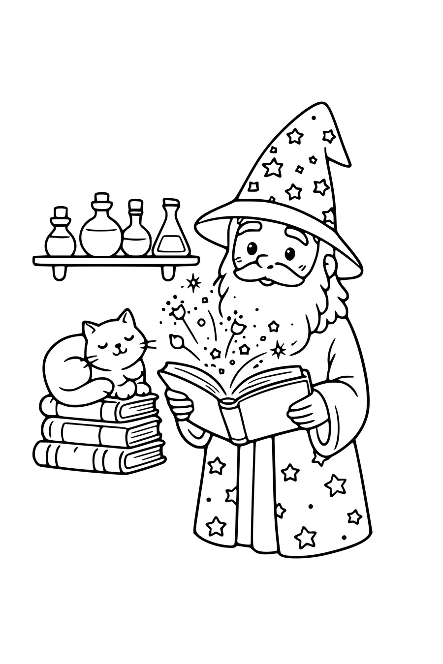 Kleurplaat van een tovenaar met spreukenboek, kat en rekken vol flesjes