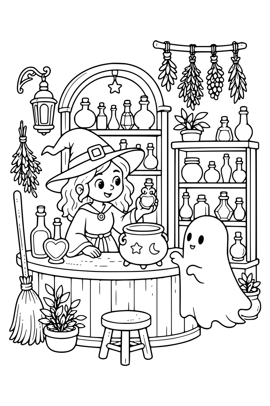 Free printable coloring page of potion shop with bottles