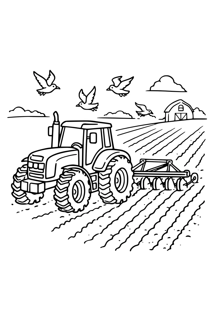 Coloring page of a tractor pulling a plough across a field with gulls