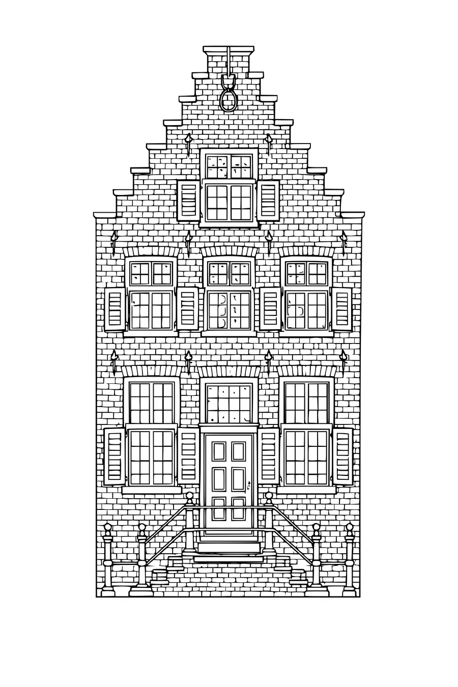 Kleurplaat van één trapgevelhuis in volledig detail getekend