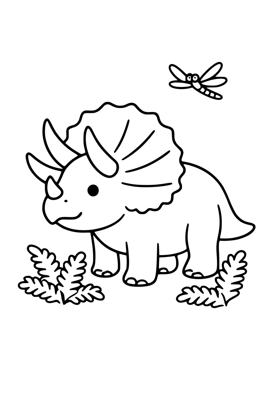 Coloring page of a triceratops with its neck frill among ferns