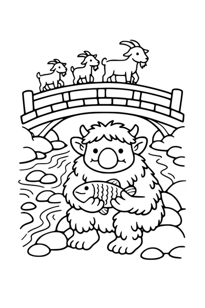 Coloring page of a troll under a bridge with three goats crossing above