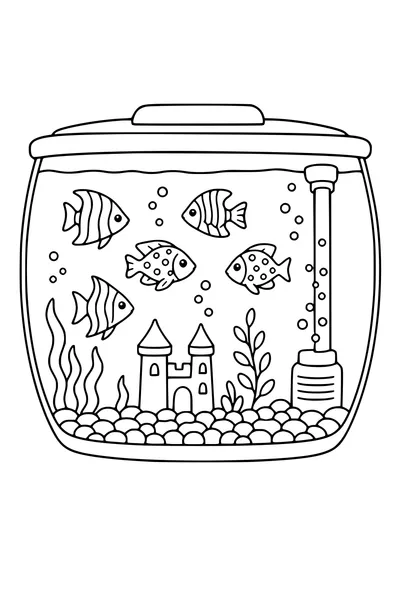 Coloring page of a tropical aquarium with striped and spotted fish