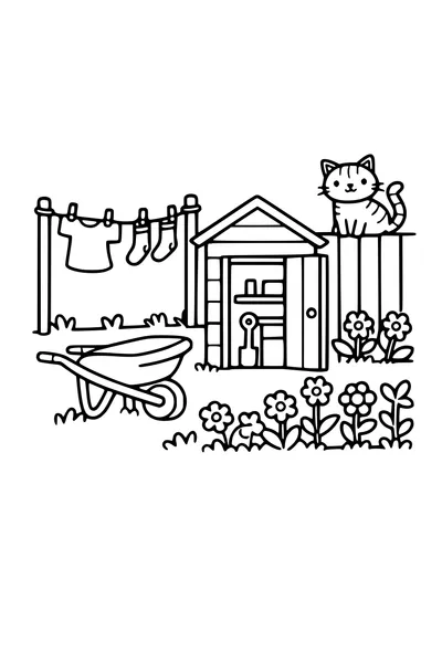 Coloring page of a back garden with washing on the line and a shed