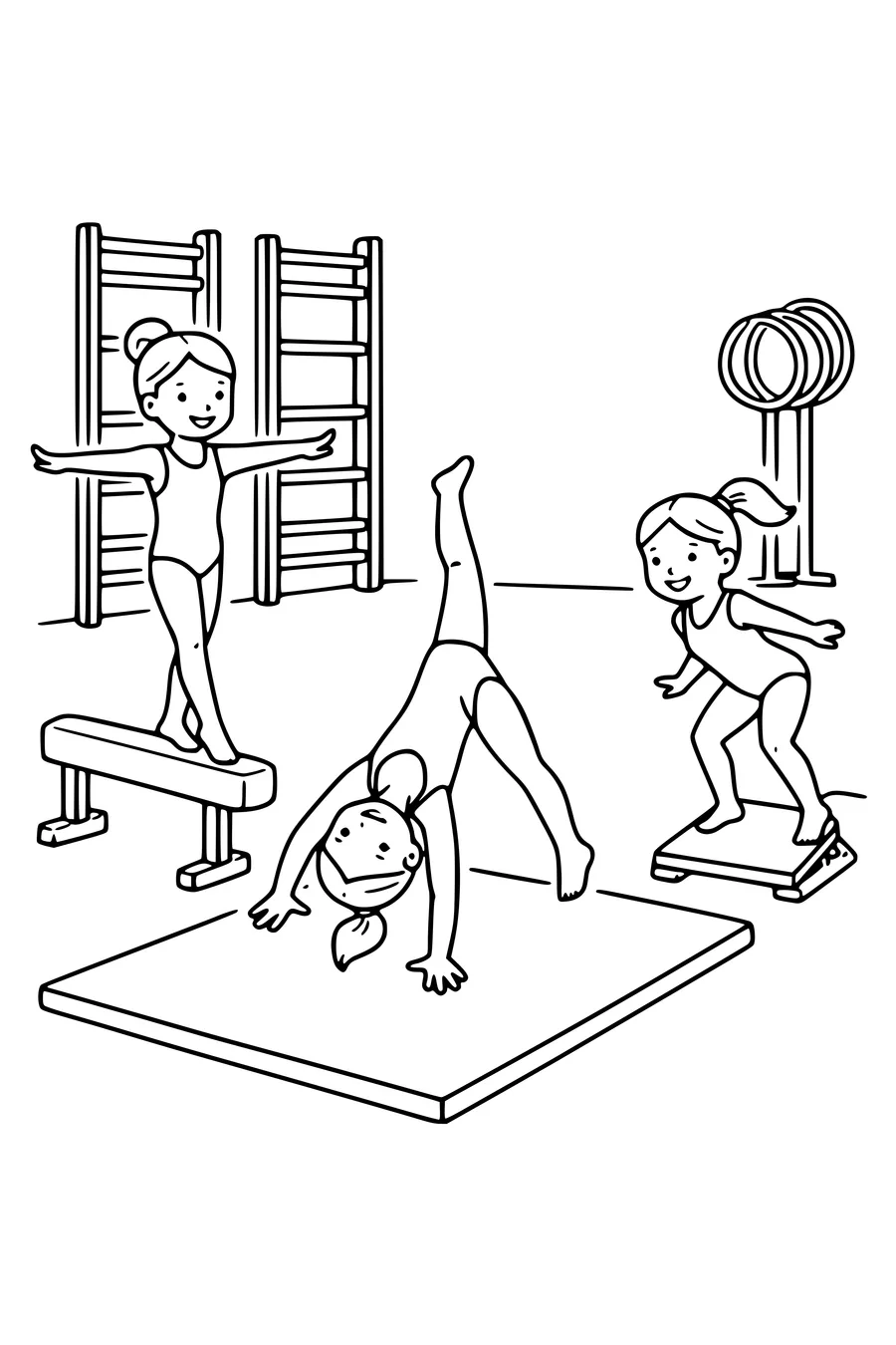 Coloring page of three gymnasts on a beam, a mat and a vault