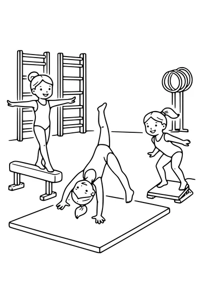Coloring page of three gymnasts on a beam, a mat and a vault