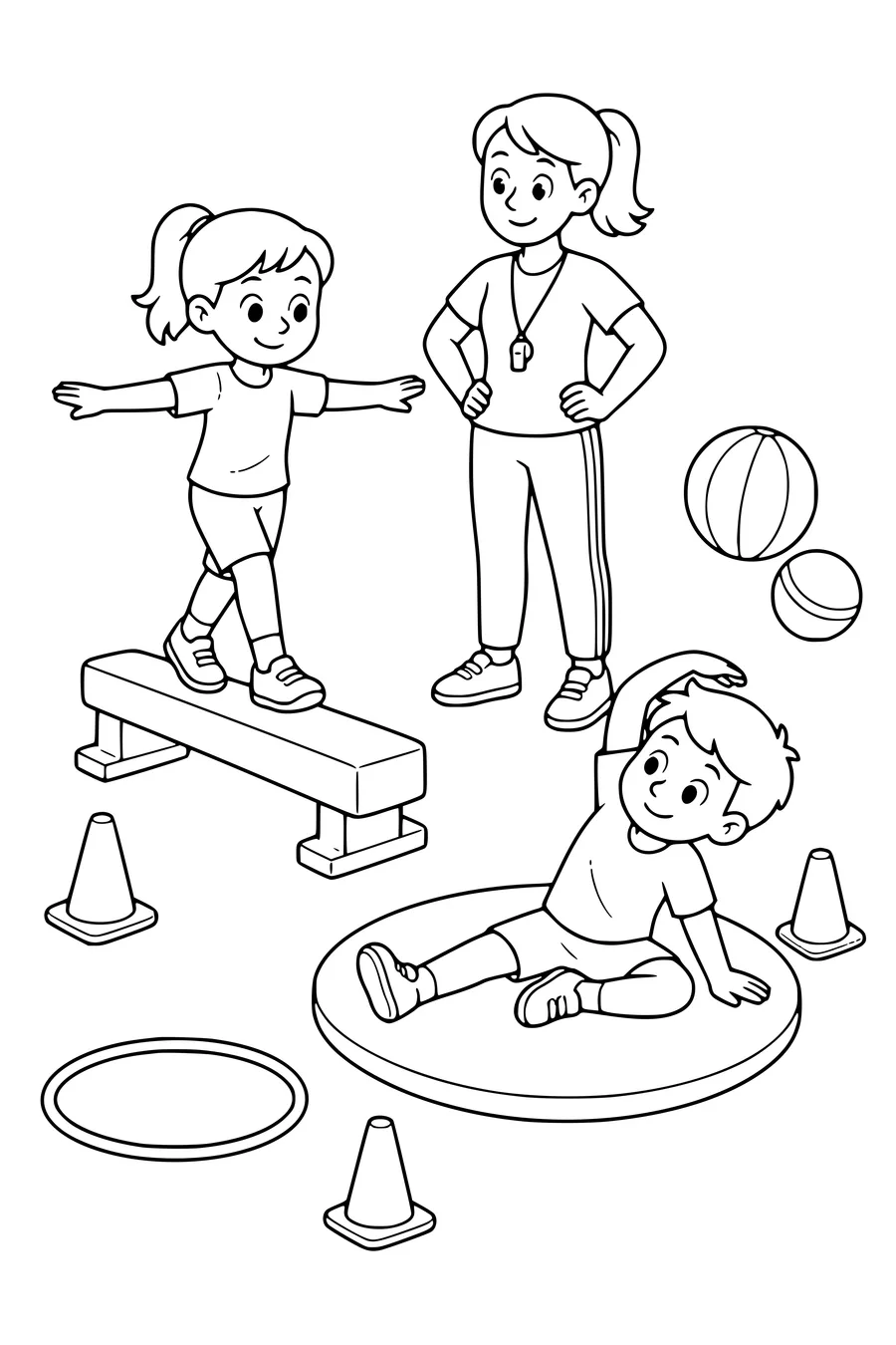 Free printable school coloring page of gymnastics in the school gym in class