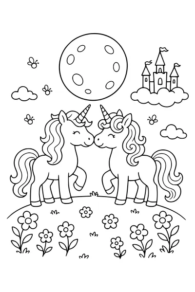 Medium coloring page of two young unicorn friends beneath a full moon