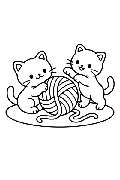 Easy coloring page of two kittens playing with a ball of yarn