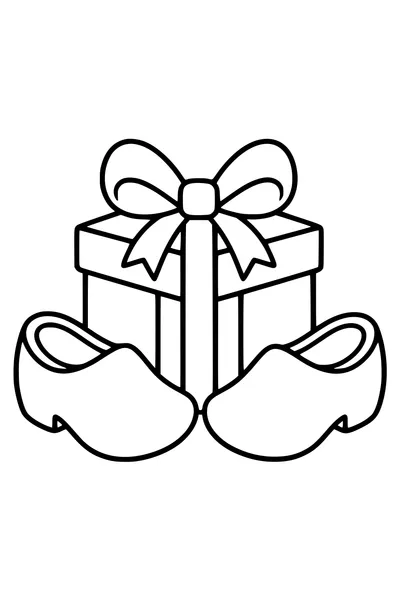 Tussen twee houten klompen staat één ingepakt cadeautje.