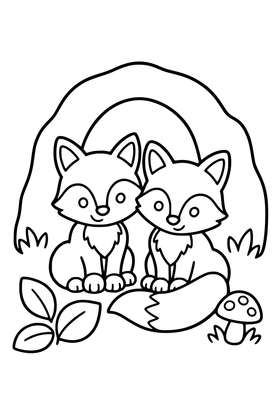 Easy coloring page of two young fox cubs sitting outside their den