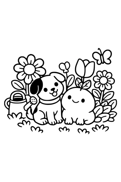 Coloring page of a dog and a small creature in a garden of large flowers