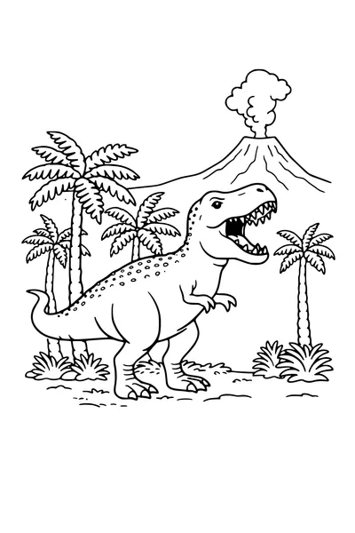 Coloring page of a tyrannosaurus among tree ferns with a distant volcano