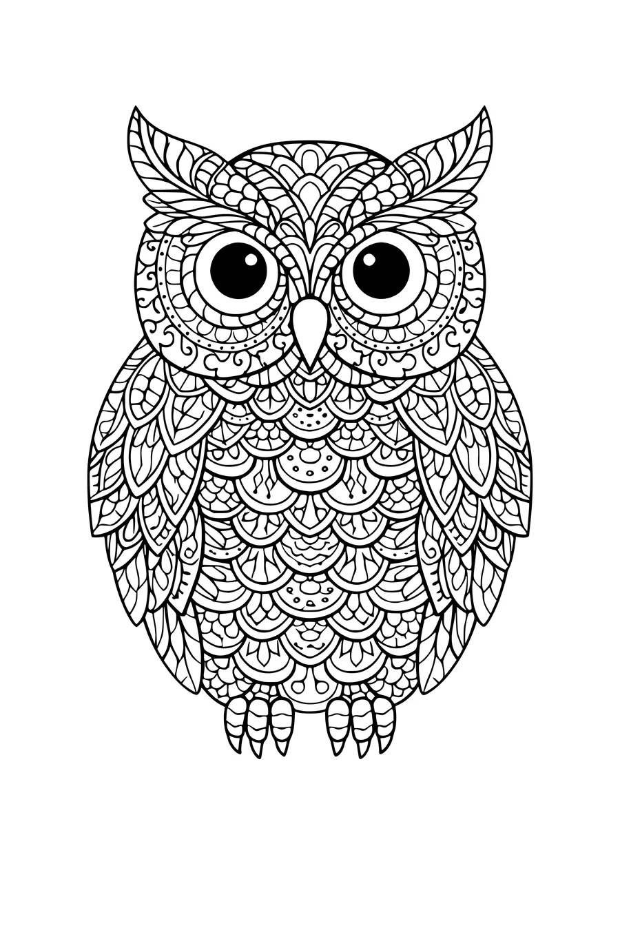 Coloring page of an owl filled with ornamental feather patterns