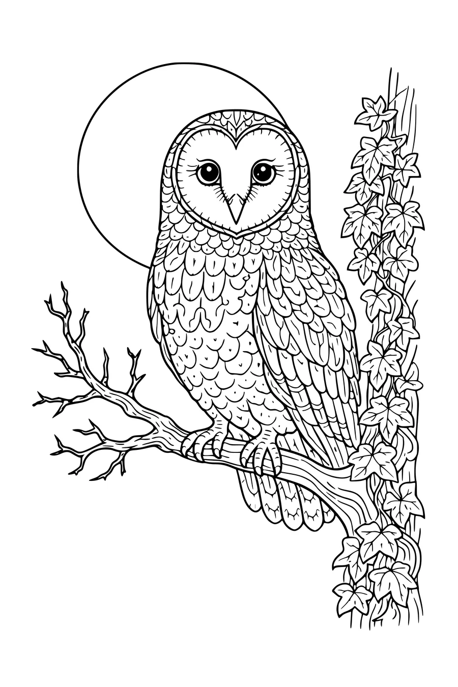 Coloring page of a barn owl on a branch in front of a full moon