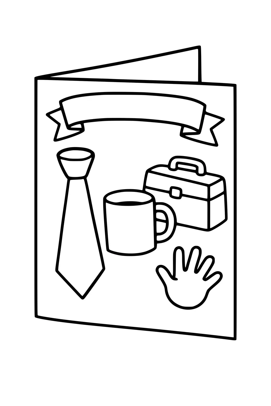 Ausmalbild einer Vatertagskarte mit Krawatte, Tasse und Werkzeugkiste