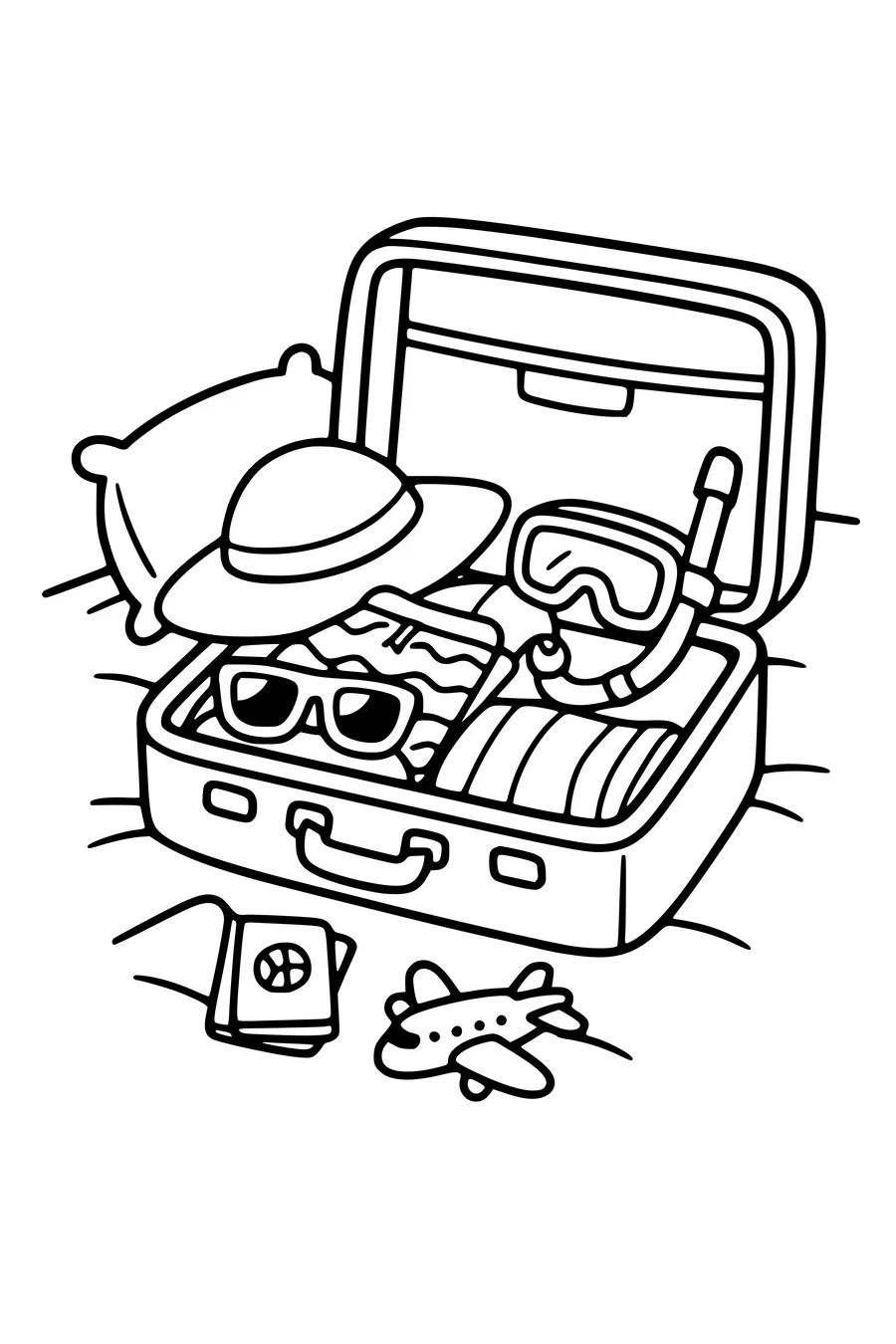 Kleurplaat van een open koffer vol vakantiespullen