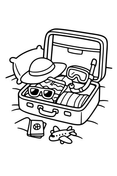 Coloring page of an open suitcase packed with holiday things