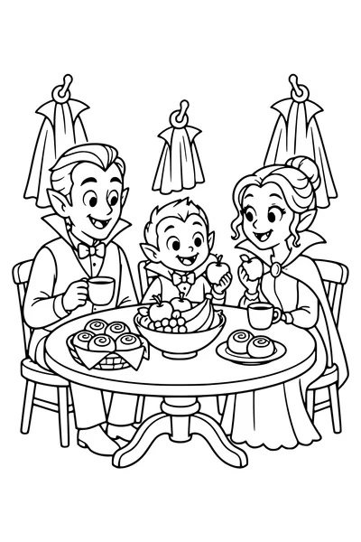A friendly vampire family of three shares fruit and rolls at a round breakfast table, capes hanging on hooks, no blood or scary details.